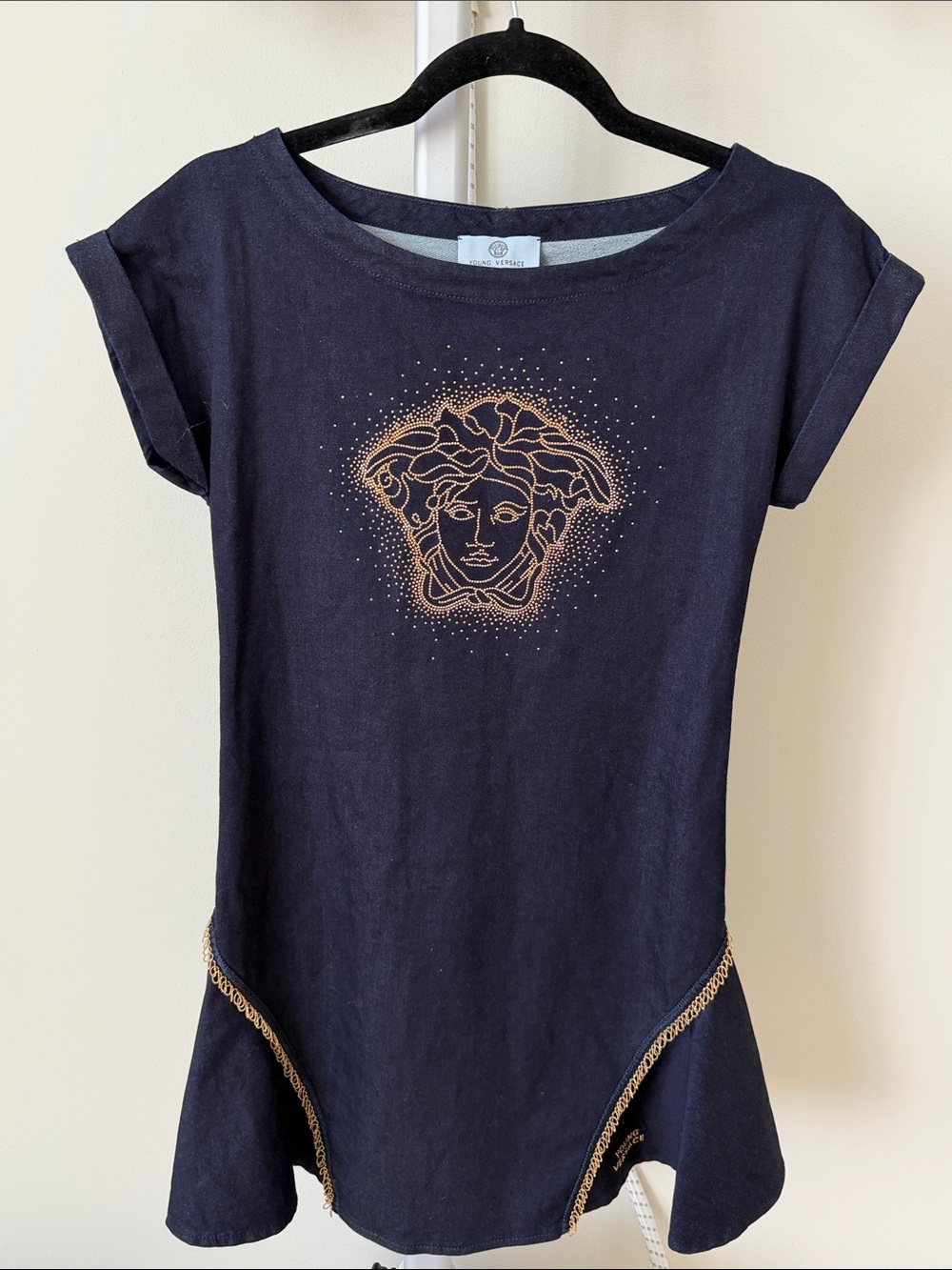 Versace Young Versace girls denim Navy dress with Gold Medusa Detail, 10-12Y